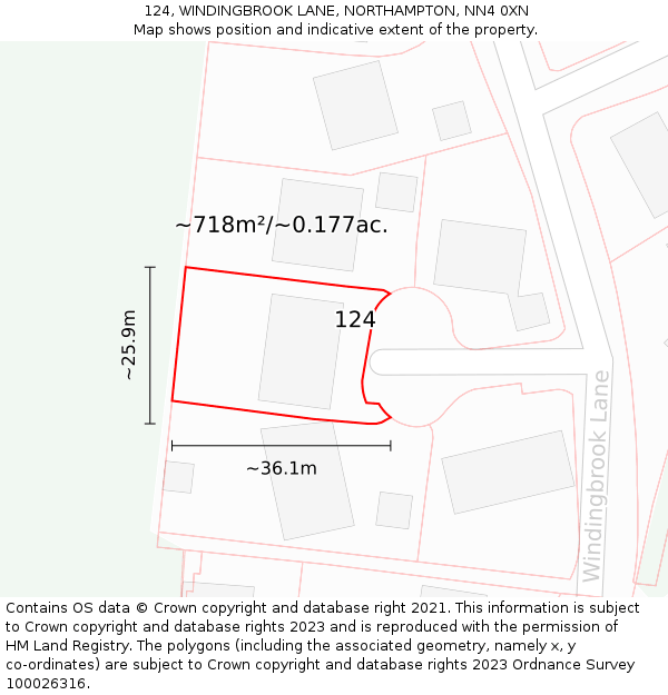 124, WINDINGBROOK LANE, NORTHAMPTON, NN4 0XN: Plot and title map