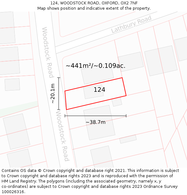 124, WOODSTOCK ROAD, OXFORD, OX2 7NF: Plot and title map