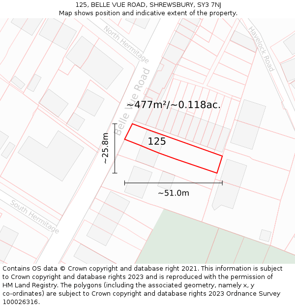 125, BELLE VUE ROAD, SHREWSBURY, SY3 7NJ: Plot and title map