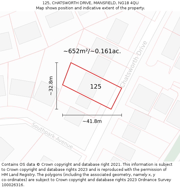 125, CHATSWORTH DRIVE, MANSFIELD, NG18 4QU: Plot and title map