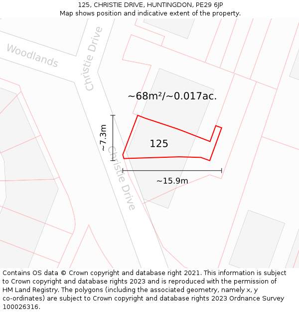 125, CHRISTIE DRIVE, HUNTINGDON, PE29 6JP: Plot and title map