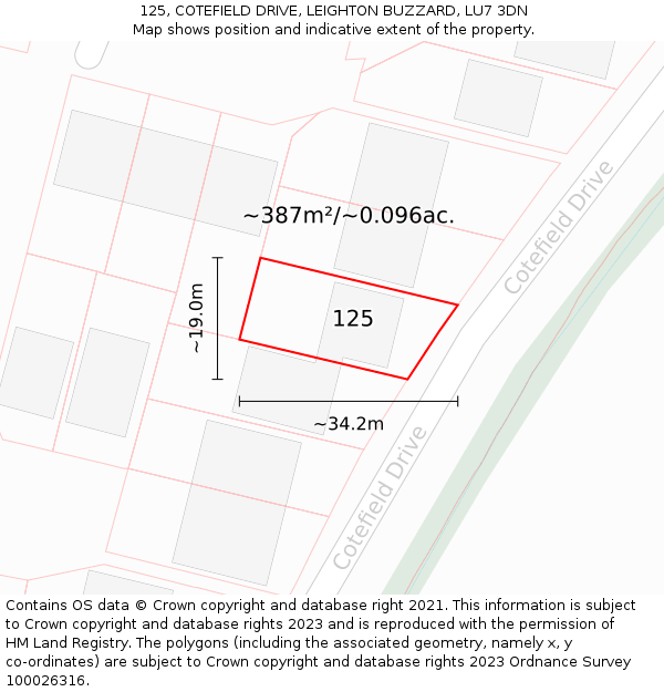 125, COTEFIELD DRIVE, LEIGHTON BUZZARD, LU7 3DN: Plot and title map