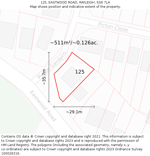 125, EASTWOOD ROAD, RAYLEIGH, SS6 7LA: Plot and title map