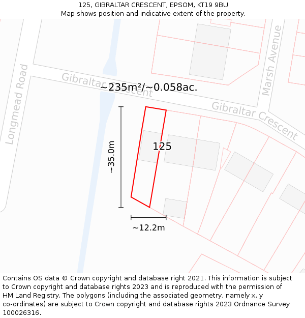 125, GIBRALTAR CRESCENT, EPSOM, KT19 9BU: Plot and title map