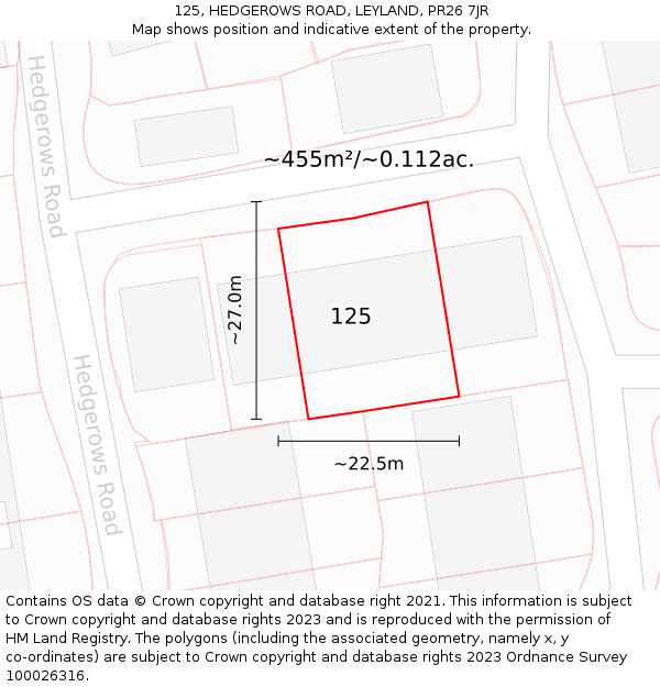 125, HEDGEROWS ROAD, LEYLAND, PR26 7JR: Plot and title map