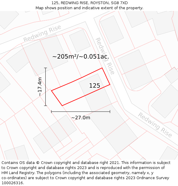 125, REDWING RISE, ROYSTON, SG8 7XD: Plot and title map