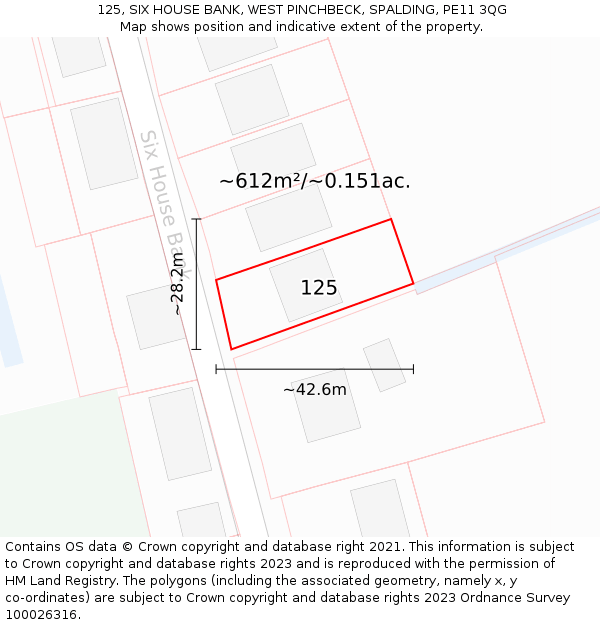 125, SIX HOUSE BANK, WEST PINCHBECK, SPALDING, PE11 3QG: Plot and title map