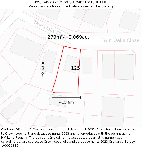 125, TWIN OAKS CLOSE, BROADSTONE, BH18 8JE: Plot and title map