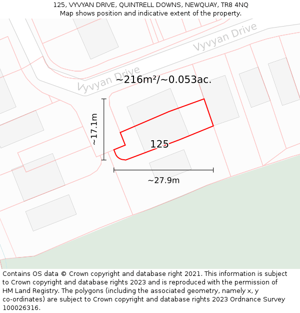 125, VYVYAN DRIVE, QUINTRELL DOWNS, NEWQUAY, TR8 4NQ: Plot and title map