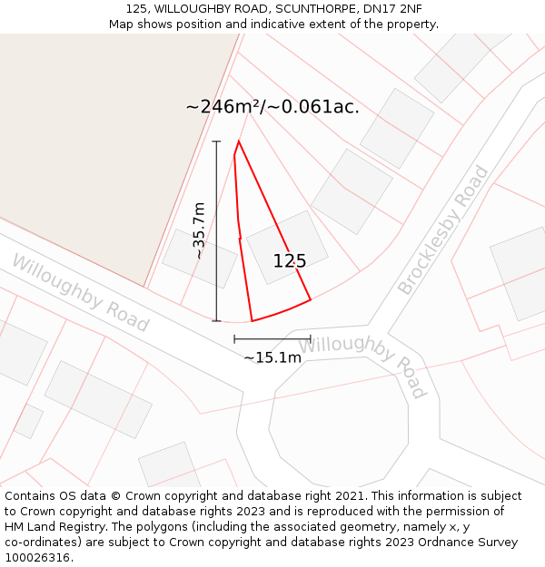 125, WILLOUGHBY ROAD, SCUNTHORPE, DN17 2NF: Plot and title map