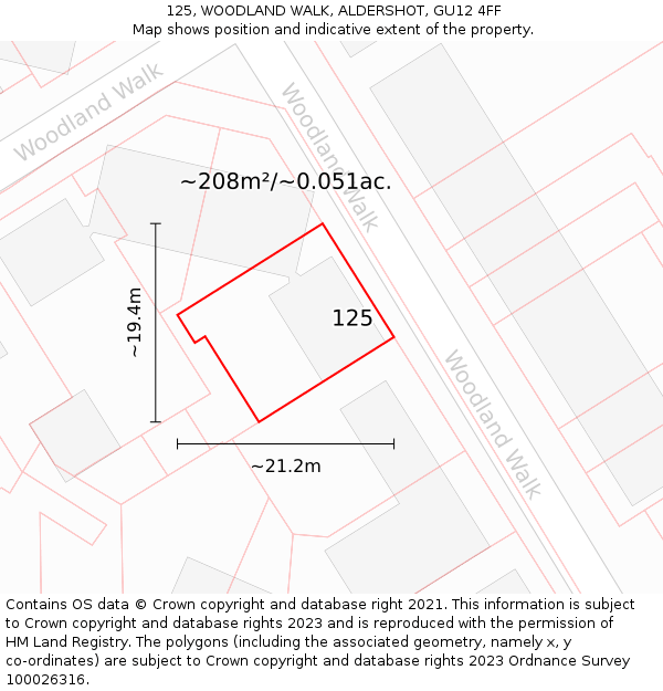 125, WOODLAND WALK, ALDERSHOT, GU12 4FF: Plot and title map