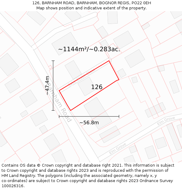 126, BARNHAM ROAD, BARNHAM, BOGNOR REGIS, PO22 0EH: Plot and title map