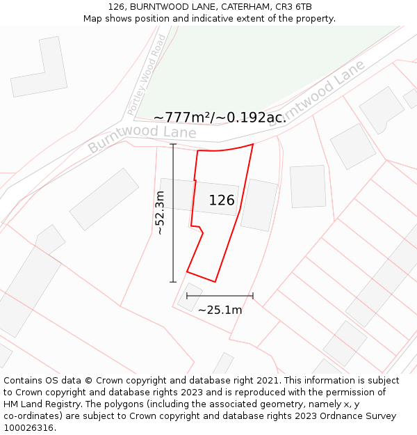 126, BURNTWOOD LANE, CATERHAM, CR3 6TB: Plot and title map