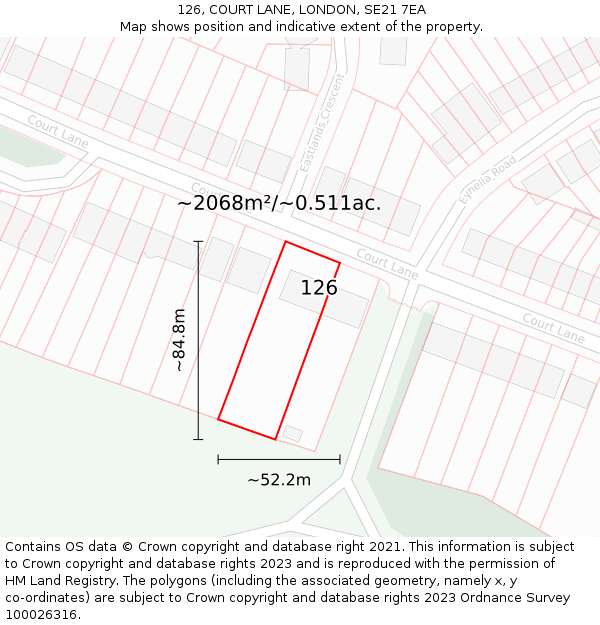 126, COURT LANE, LONDON, SE21 7EA: Plot and title map