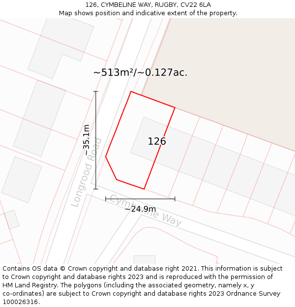 126, CYMBELINE WAY, RUGBY, CV22 6LA: Plot and title map