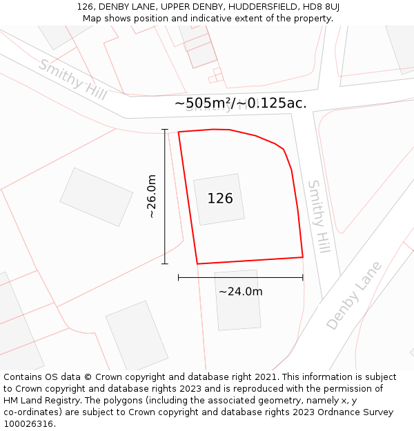 126, DENBY LANE, UPPER DENBY, HUDDERSFIELD, HD8 8UJ: Plot and title map