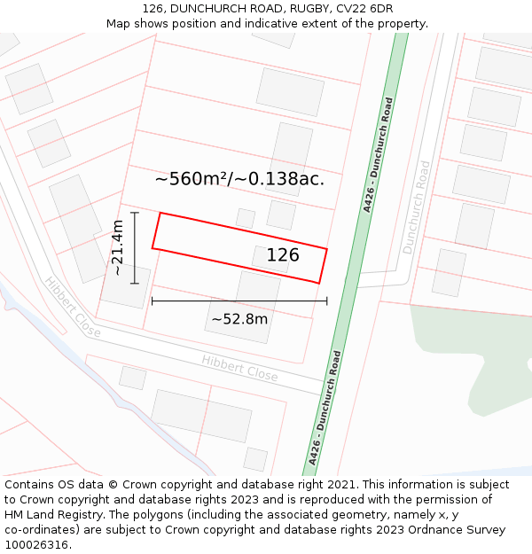 126, DUNCHURCH ROAD, RUGBY, CV22 6DR: Plot and title map