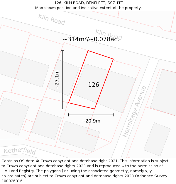 126, KILN ROAD, BENFLEET, SS7 1TE: Plot and title map