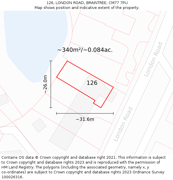 126, LONDON ROAD, BRAINTREE, CM77 7PU: Plot and title map