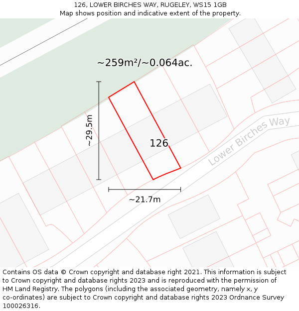 126, LOWER BIRCHES WAY, RUGELEY, WS15 1GB: Plot and title map