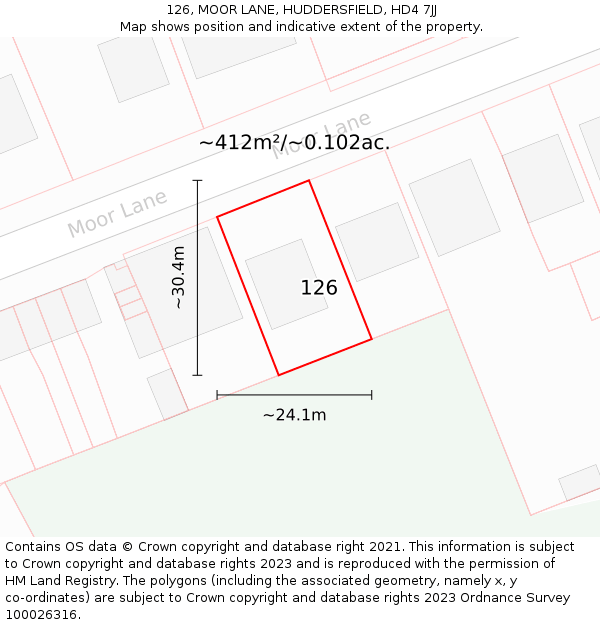 126, MOOR LANE, HUDDERSFIELD, HD4 7JJ: Plot and title map