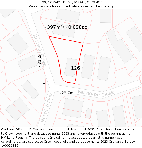 126, NORWICH DRIVE, WIRRAL, CH49 4GD: Plot and title map