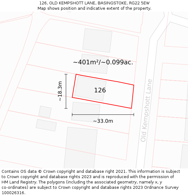 126, OLD KEMPSHOTT LANE, BASINGSTOKE, RG22 5EW: Plot and title map