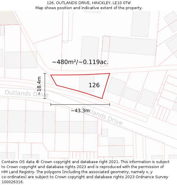 126, OUTLANDS DRIVE, HINCKLEY, LE10 0TW: Plot and title map