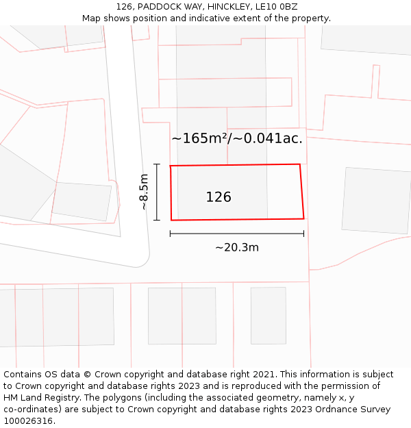 126, PADDOCK WAY, HINCKLEY, LE10 0BZ: Plot and title map