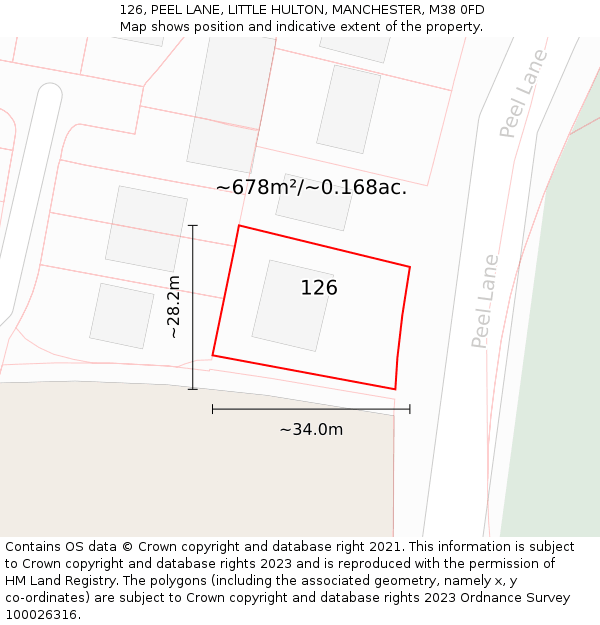 126, PEEL LANE, LITTLE HULTON, MANCHESTER, M38 0FD: Plot and title map