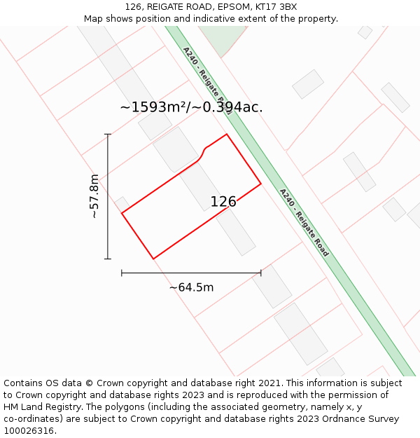 126, REIGATE ROAD, EPSOM, KT17 3BX: Plot and title map