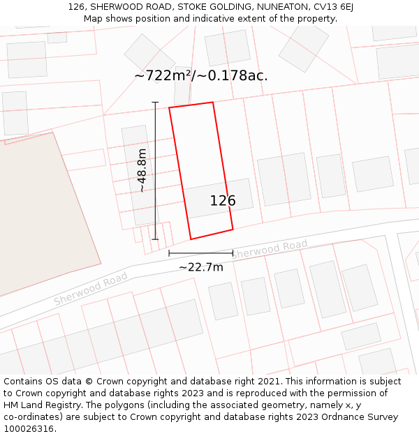 126, SHERWOOD ROAD, STOKE GOLDING, NUNEATON, CV13 6EJ: Plot and title map