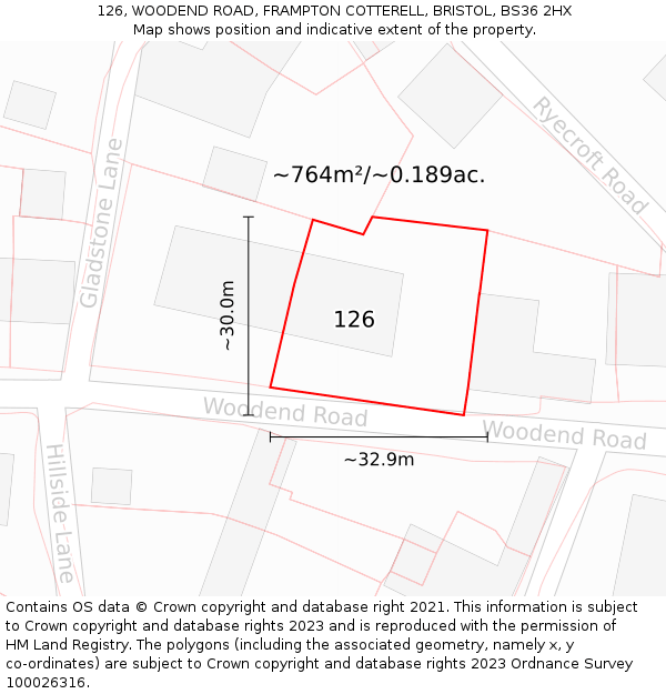 126, WOODEND ROAD, FRAMPTON COTTERELL, BRISTOL, BS36 2HX: Plot and title map