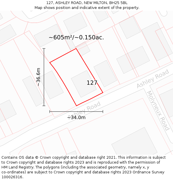 127, ASHLEY ROAD, NEW MILTON, BH25 5BL: Plot and title map