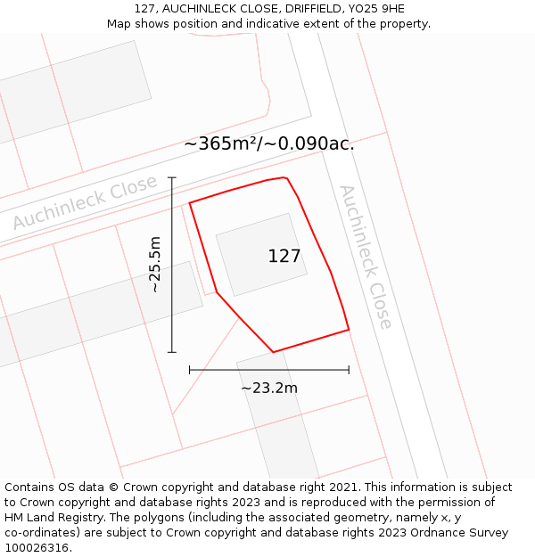 127, AUCHINLECK CLOSE, DRIFFIELD, YO25 9HE: Plot and title map