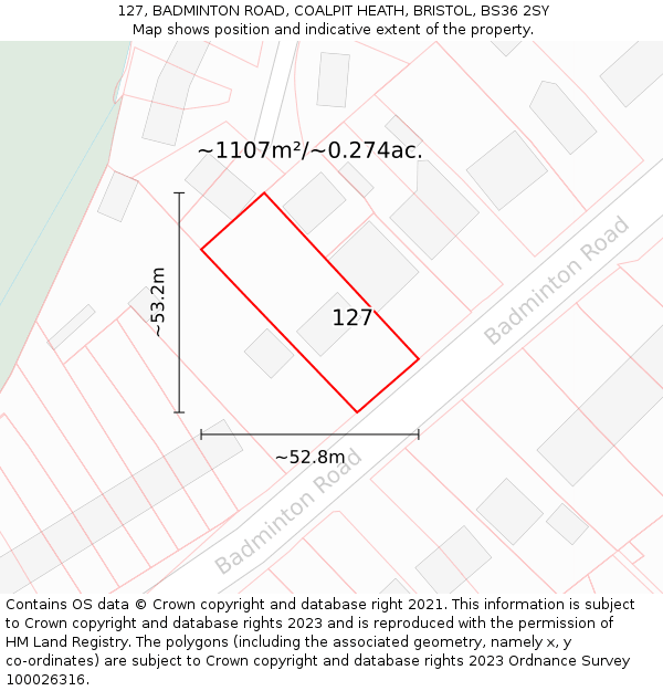 127, BADMINTON ROAD, COALPIT HEATH, BRISTOL, BS36 2SY: Plot and title map