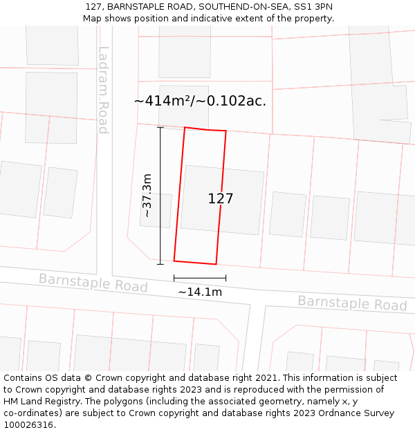 127, BARNSTAPLE ROAD, SOUTHEND-ON-SEA, SS1 3PN: Plot and title map