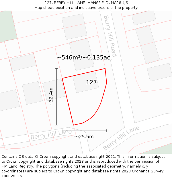 127, BERRY HILL LANE, MANSFIELD, NG18 4JS: Plot and title map