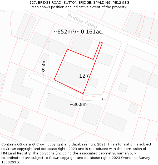 127, BRIDGE ROAD, SUTTON BRIDGE, SPALDING, PE12 9SG: Plot and title map