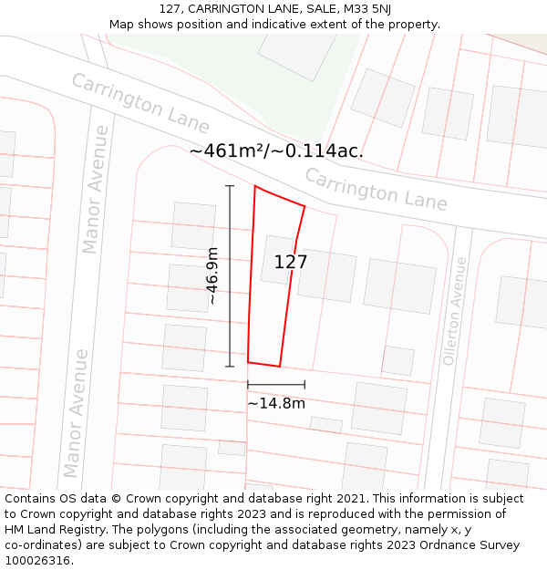 127, CARRINGTON LANE, SALE, M33 5NJ: Plot and title map