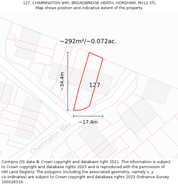 127, CHARRINGTON WAY, BROADBRIDGE HEATH, HORSHAM, RH12 3TL: Plot and title map