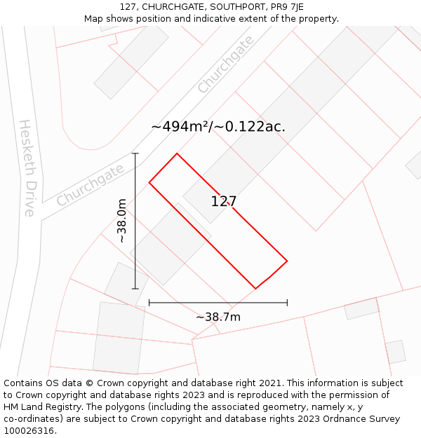 127, CHURCHGATE, SOUTHPORT, PR9 7JE: Plot and title map