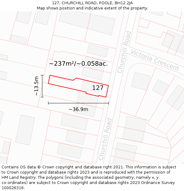 127, CHURCHILL ROAD, POOLE, BH12 2JA: Plot and title map