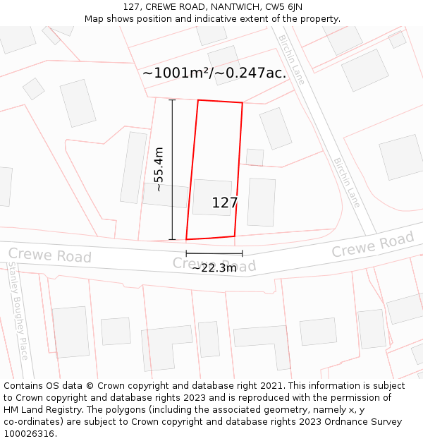 127, CREWE ROAD, NANTWICH, CW5 6JN: Plot and title map