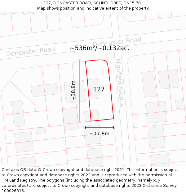 127, DONCASTER ROAD, SCUNTHORPE, DN15 7DL: Plot and title map