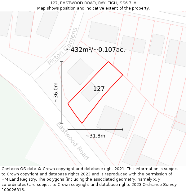 127, EASTWOOD ROAD, RAYLEIGH, SS6 7LA: Plot and title map