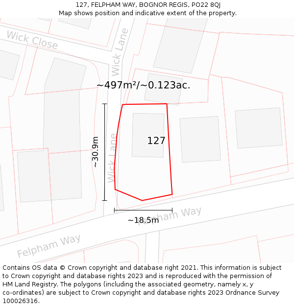 127, FELPHAM WAY, BOGNOR REGIS, PO22 8QJ: Plot and title map