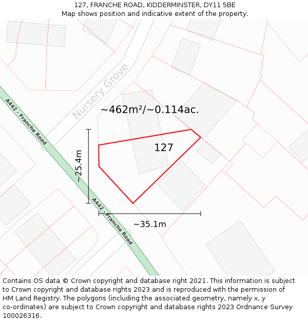 127, FRANCHE ROAD, KIDDERMINSTER, DY11 5BE: Plot and title map