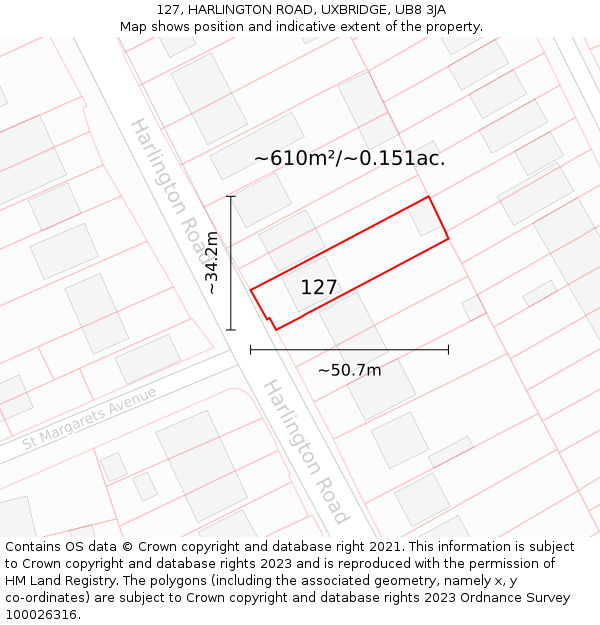 127, HARLINGTON ROAD, UXBRIDGE, UB8 3JA: Plot and title map