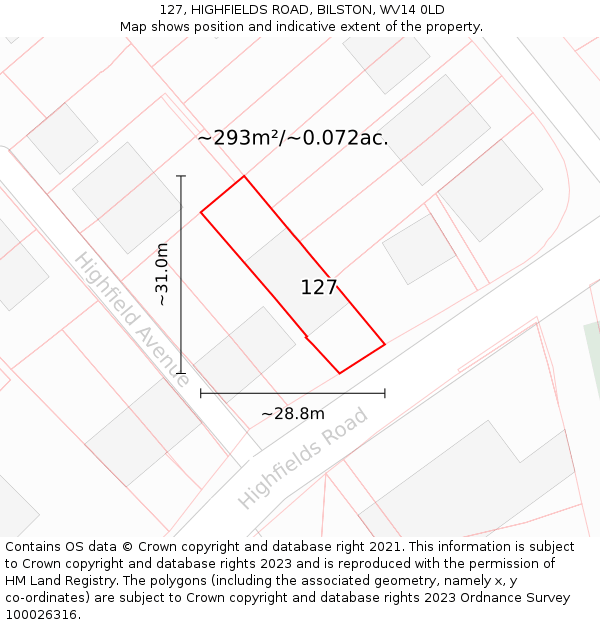 127, HIGHFIELDS ROAD, BILSTON, WV14 0LD: Plot and title map